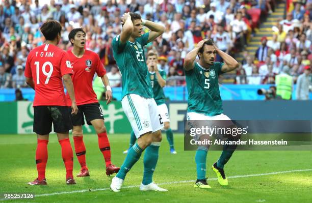 Mario Gomez of Germany and Mats Hummels of Germany react after a missed chance during the 2018 FIFA World Cup Russia group F match between Korea...