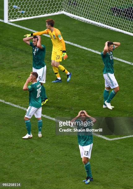 Germany players react after a missed chance during the 2018 FIFA World Cup Russia group F match between Korea Republic and Germany at Kazan Arena on...
