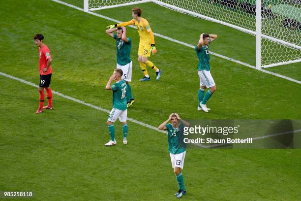 Germany players react after a missed chance during the 2018 FIFA World Cup Russia group F match between Korea Republic and Germany at Kazan Arena on...