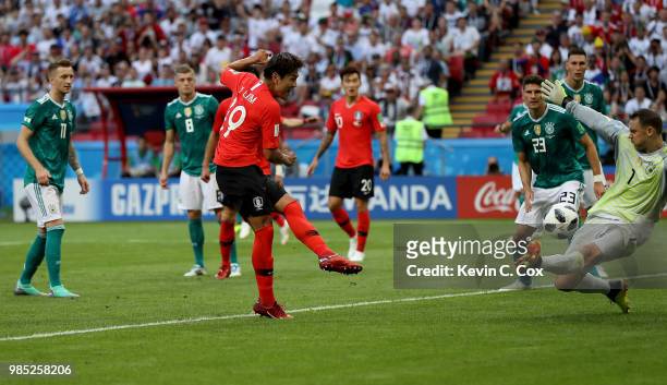 Younggwon Kim of Korea Republic scores his team's first goal during the 2018 FIFA World Cup Russia group F match between Korea Republic and Germany...