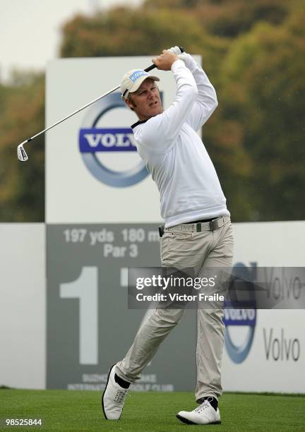 Mikko Ilonen of Finland tees off on the 17th hole during the Round Four of the Volvo China Open on April 18, 2010 in Suzhou, China.