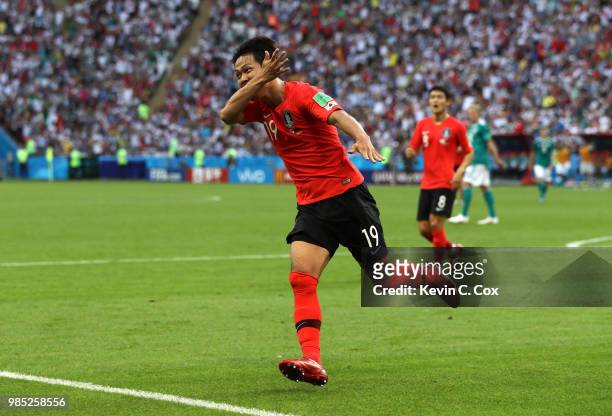 Younggwon Kim of Korea Republic celebrates after scoring his team's first goal during the 2018 FIFA World Cup Russia group F match between Korea...