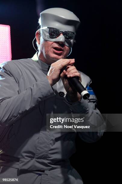 Musician Mark Mothersbaugh of the band Devo performs during day two of the Coachella Valley Music & Arts Festival 2010 held at the Empire Polo Club...
