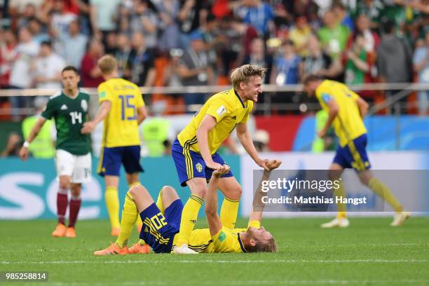 Emil Forsberg and Ola Toivonen of Sweden celebrate at the final whistle following the 2018 FIFA World Cup Russia group F match between Mexico and...