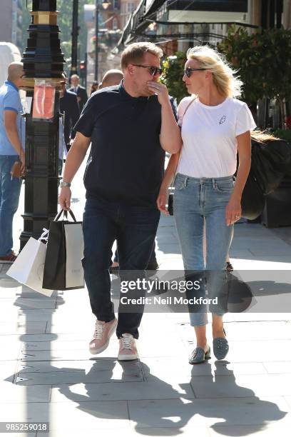 James Corden and Julia Carey seen having lunch at Scott's restaurant in Mayfair on June 27, 2018 in London, England.