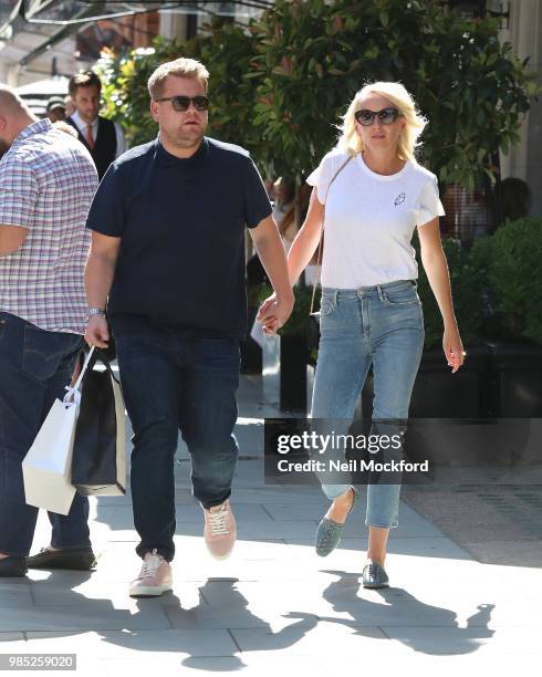 James Corden and Julia Carey seen having lunch at Scott's restaurant in Mayfair on June 27, 2018 in London, England.