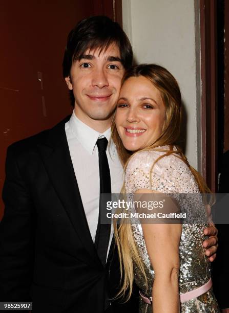 Actor Justin Long and actress Drew Barrymore backstage at the 21st Annual GLAAD Media Awards held at Hyatt Regency Century Plaza Hotel on April 17,...