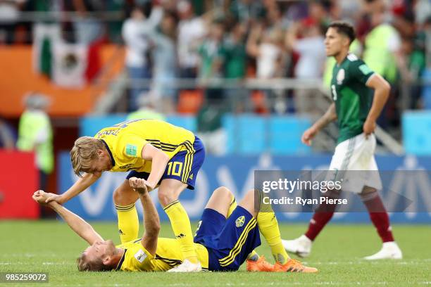 Emil Forsberg of Sweden celebrates victory with teammate Ola Toivonen during the 2018 FIFA World Cup Russia group F match between Mexico and Sweden...
