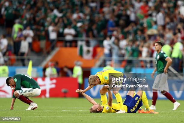 Emil Forsberg of Sweden celebrates victory with teammate Ola Toivonen during the 2018 FIFA World Cup Russia group F match between Mexico and Sweden...