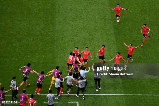 Korea players and staff all celebrate following the opening goal after the VAR decision allowed the goal during the 2018 FIFA World Cup Russia group...