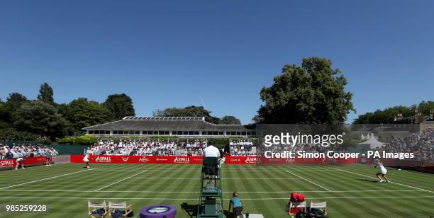 Maria Sharapova and Natalia Vikhlyantseva in action during day one of the Aspall Classic at the Hurlingham Club, London.