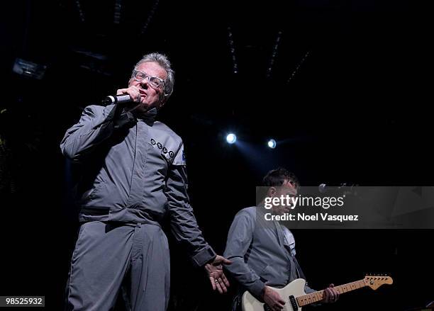 Musicians Mark Mothersbaugh and Bob Mothersbaugh of the band Devo perform during day two of the Coachella Valley Music & Arts Festival 2010 held at...