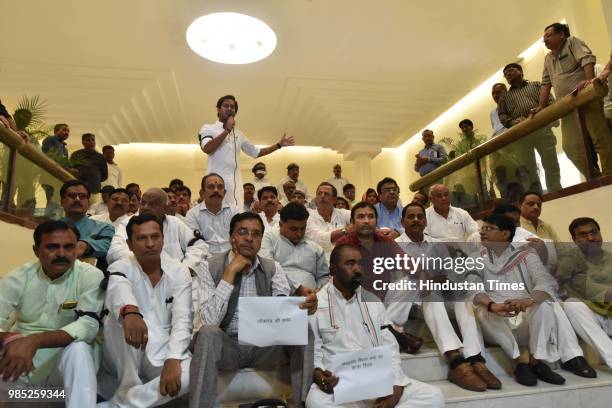 Congress MLA Jaivardhan Singh addressses during a mock monsoon session of Madhya Pradesh state assembly organised by opposition Congress party inside...