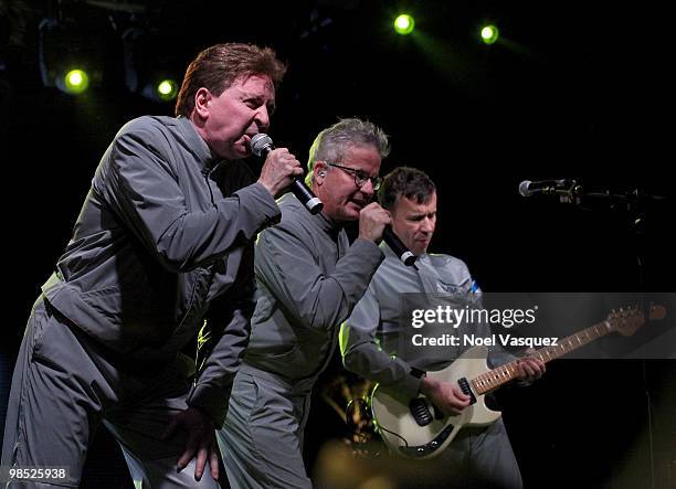 Musicians Gerald Casale, Mark Mothersbaugh and Bob Mothersbaugh of the band Devo perform during day two of the Coachella Valley Music & Arts Festival...