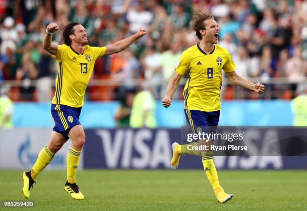 Albin Ekdal of Sweden celebrates victory with teammate Gustav Svensson during the 2018 FIFA World Cup Russia group F match between Mexico and Sweden...