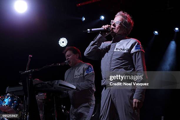 Musicians Gerald Casale and Mark Mothersbaugh of the band Devo perform during day two of the Coachella Valley Music & Arts Festival 2010 held at the...