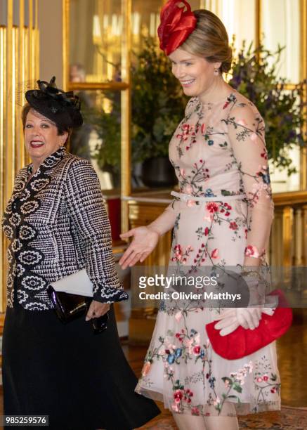 Queen Mathilde of Belgium and H.E. Lady Cosgrove arrive at the Royal Palace on the first day of the official visit to Belgium on June 27, 2018 in...