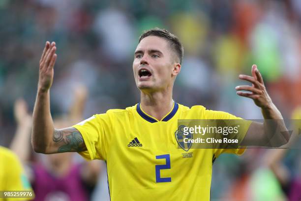 Mikael Lustig of Sweden celebrates victory following the 2018 FIFA World Cup Russia group F match between Mexico and Sweden at Ekaterinburg Arena on...