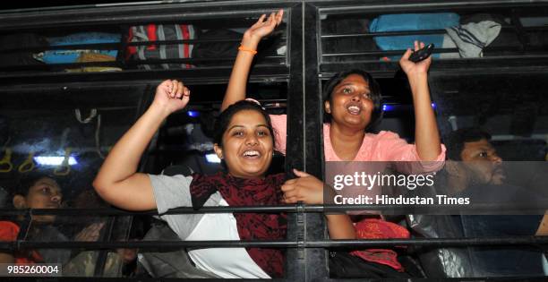 Devotees chant religious slogans as the first batch of Hindu pilgrims leave for Amarnath Yatra, an annual pilgrimage to the Amarnath shrine, on June...