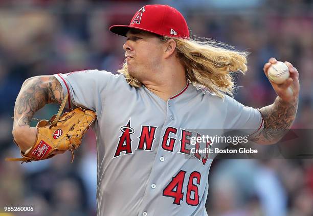 Los Angeles Angels starting pitcher John Lamb throws a pitch. The Boston Red Sox host the Los Angeles Angels in a regular season MLB baseball game at...