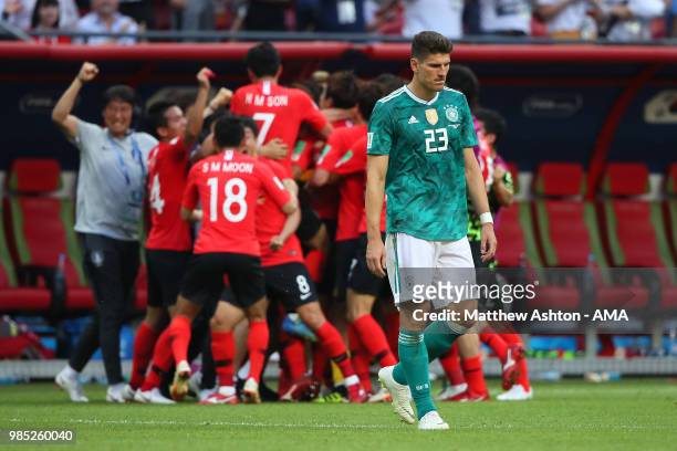 Mario Gomez of Germany looks dejected as Korea Republic celebrate during the 2018 FIFA World Cup Russia group F match between Korea Republic and...