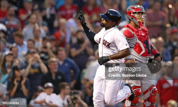 Boston Red Sox player Jackie Bradley Jr. Crosses the plate following his bottom of the third inning solo home run. The Boston Red Sox host the Los...