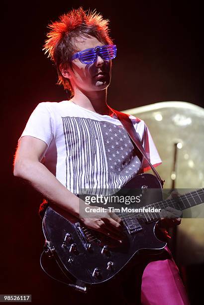 Matthew Bellamy of Muse performs as part of the Coachella Valley Music and Arts Festival at the Empire Polo Fields on April 17, 2010 in Indio,...