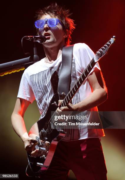 Matthew Bellamy of Muse performs as part of the Coachella Valley Music and Arts Festival at the Empire Polo Fields on April 17, 2010 in Indio,...