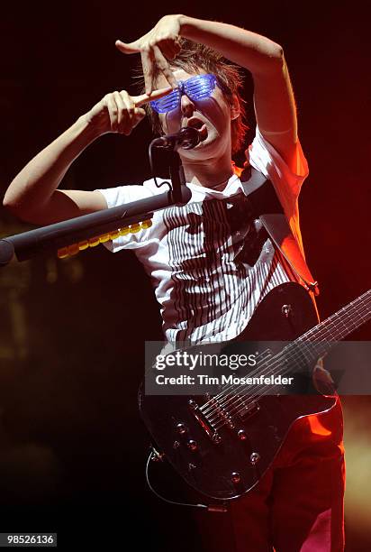 Matthew Bellamy of Muse performs as part of the Coachella Valley Music and Arts Festival at the Empire Polo Fields on April 17, 2010 in Indio,...