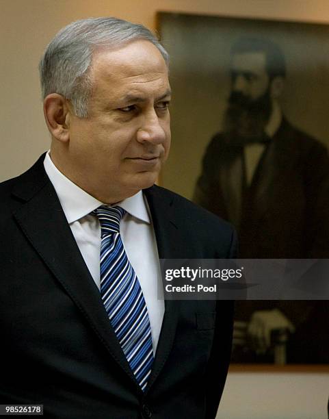 Israeli Prime Minister Benjamin Netanyahu arrives at the weekly cabinet meeting in his Jerusalem office on April 18, 2010 in Jerusalem, Israel....