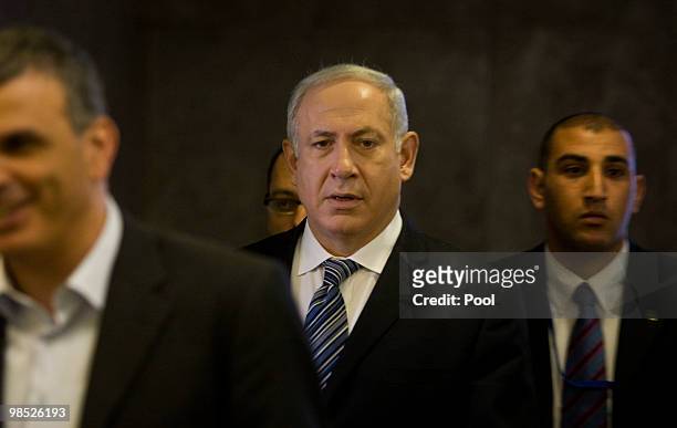 Israeli Prime Minister Benjamin Netanyahu arrives at the weekly cabinet meeting in his Jerusalem office on April 18, 2010 in Jerusalem, Israel....