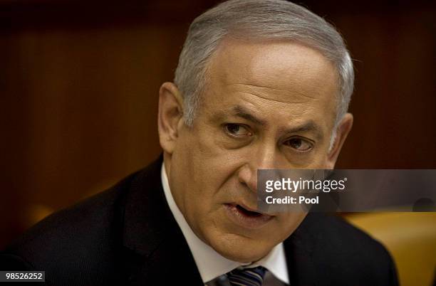 Israeli Prime Minister Benjamin Netanyahu attends the weekly cabinet meeting in his Jerusalem office on April 18, 2010 in Jerusalem, Israel. Israel...