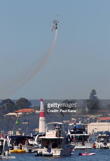 Yoshihide Muroya of Japan in action during the Red Bull Air Race Day on April 18, 2010 in Perth, Australia.