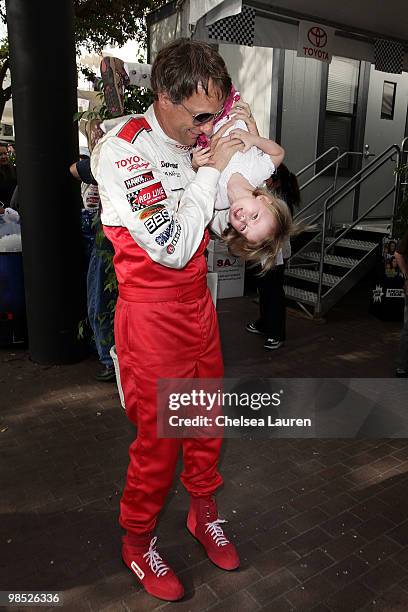 Professional skateboarder Tony Hawk and daughter Kadence Clover Hawk attend the Toyota Grand Prix Pro / Celebrity Race Day on April 17, 2010 in Long...