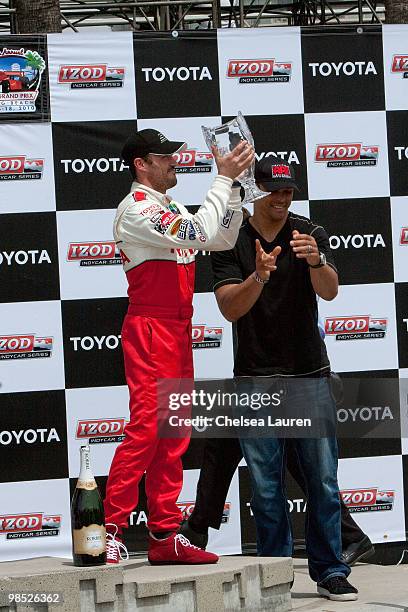 Actor Brian Austin Green and grand marshal Tony Gonzalez of the Atlanta Falcons in the winner's circle at the Toyota Grand Prix Pro / Celebrity Race...