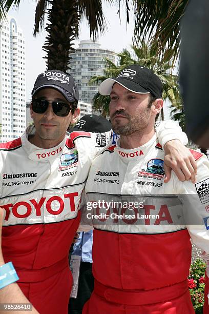 Actors Adrien Brody and Brian Austin Green attend the Toyota Grand Prix Pro / Celebrity Race Day on April 17, 2010 in Long Beach, California.