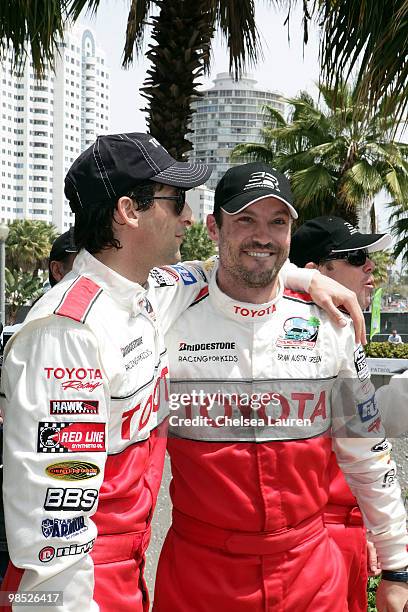 Actors Adrien Brody and Brian Austin Green attend the Toyota Grand Prix Pro / Celebrity Race Day on April 17, 2010 in Long Beach, California.