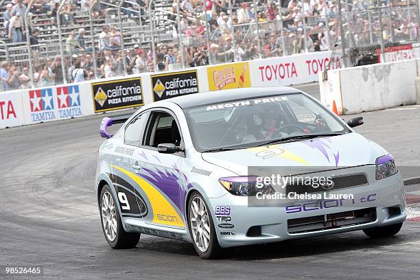 Actress Megyn Price races at the Toyota Grand Prix Pro / Celebrity Race Day on April 17, 2010 in Long Beach, California.