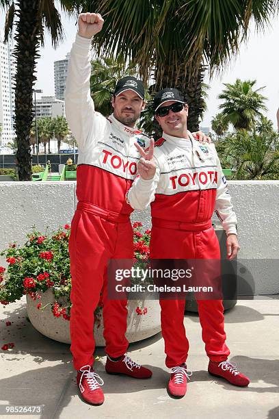 Actor Brian Austin Green and professional racecar driver Jimmy Vasser pose after winning the Toyota Grand Prix Pro / Celebrity Race Day on April 17,...