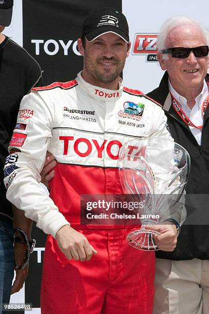 Actor Brian Austin Green in the winner's circle at the Toyota Grand Prix Pro / Celebrity Race Day on April 17, 2010 in Long Beach, California.