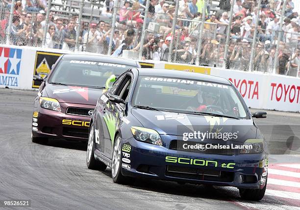 Actor Christian Slater races at the Toyota Grand Prix Pro / Celebrity Race Day on April 17, 2010 in Long Beach, California.