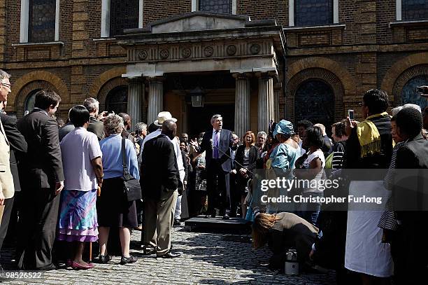 British Prime Minister Gordon Brown speaks to the congregation outside Wesley's Chapel during his campaign tour on April 18, 2010 in London, England....