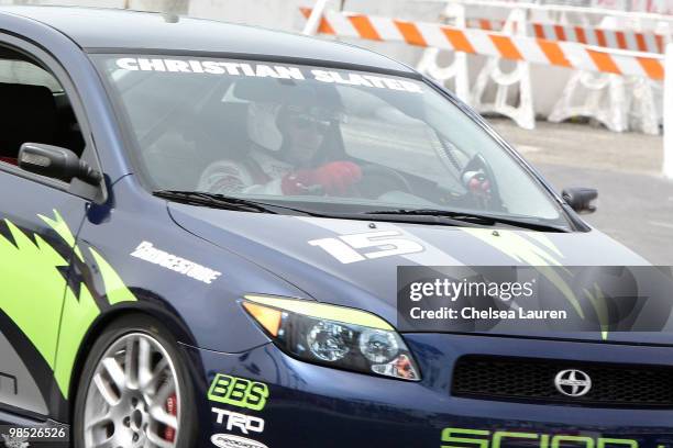 Actor Christian Slater races at the Toyota Grand Prix Pro / Celebrity Race Day on April 17, 2010 in Long Beach, California.