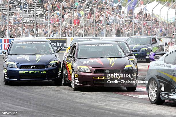 Actor Adrien Brody and professional racecar driver Jimmy Vasser race at the Toyota Grand Prix Pro / Celebrity Race Day on April 17, 2010 in Long...