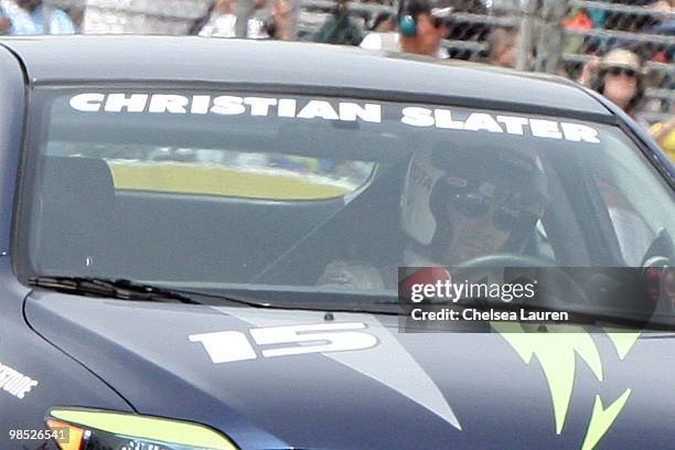 Actor Christian Slater races at the Toyota Grand Prix Pro / Celebrity Race Day on April 17, 2010 in Long Beach, California.