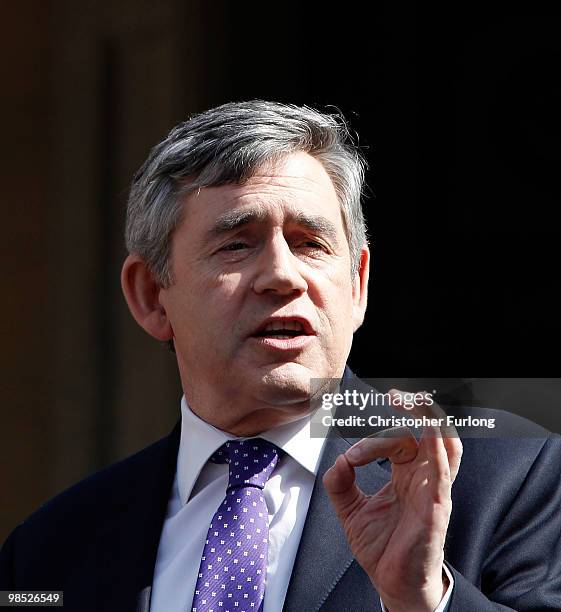 British Prime Minister Gordon Brown speaks to the congregation outside Wesley's Chapel during his campaign tour on April 18, 2010 in London, England....