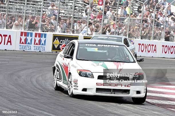 Actress Tika Sumpter races at the Toyota Grand Prix Pro / Celebrity Race Day on April 17, 2010 in Long Beach, California.