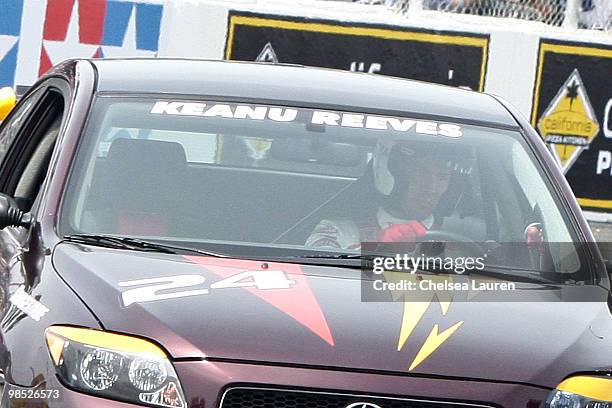 Actor Keanu Reeves races at the Toyota Grand Prix Pro / Celebrity Race Day on April 17, 2010 in Long Beach, California.