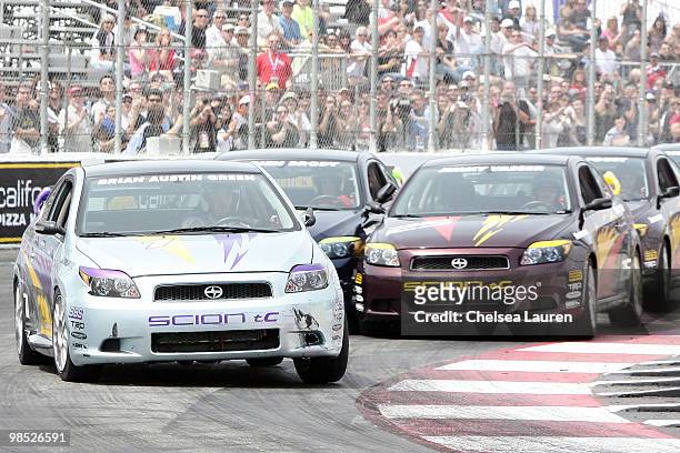 Actor Brian Austin Green, actor Adrien Brody and professional racecar driver Jimmy Vasser race at the Toyota Grand Prix Pro / Celebrity Race Day on...