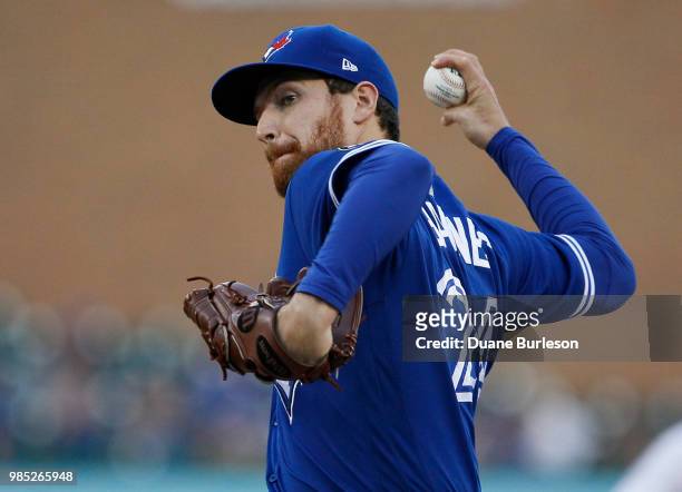 Danny Barnes of the Toronto Blue Jays pitches against the Detroit Tigers at Comerica Park on June 1, 2018 in Detroit, Michigan.